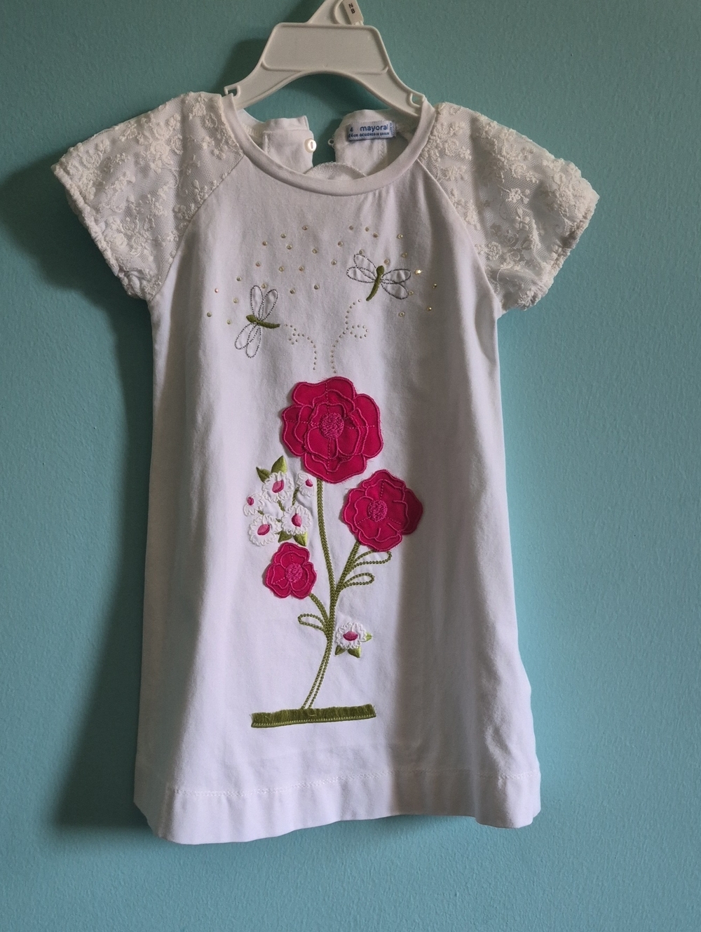 Mayoral Girls White Dress Flower Applique Lace Sleeves Size 4